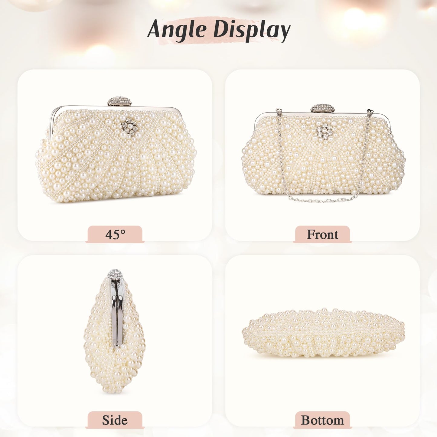 UBORSE Women Pearl Clutch Bag Noble Crystal Beaded Evening Bag Wedding Clutch with Pearl Chain