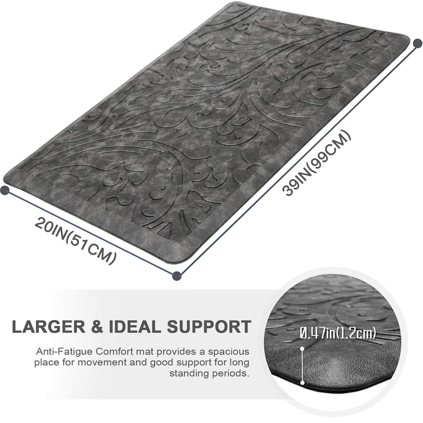 KMAT Tapis de cuisine rembourré anti-fatigue, imperméable, antidérapant, ergonomique, confortable, pour la maison, le bureau, l'évier, la buanderie, le bureau, 43,9 cm (l) x 71,1 cm (L), gris 