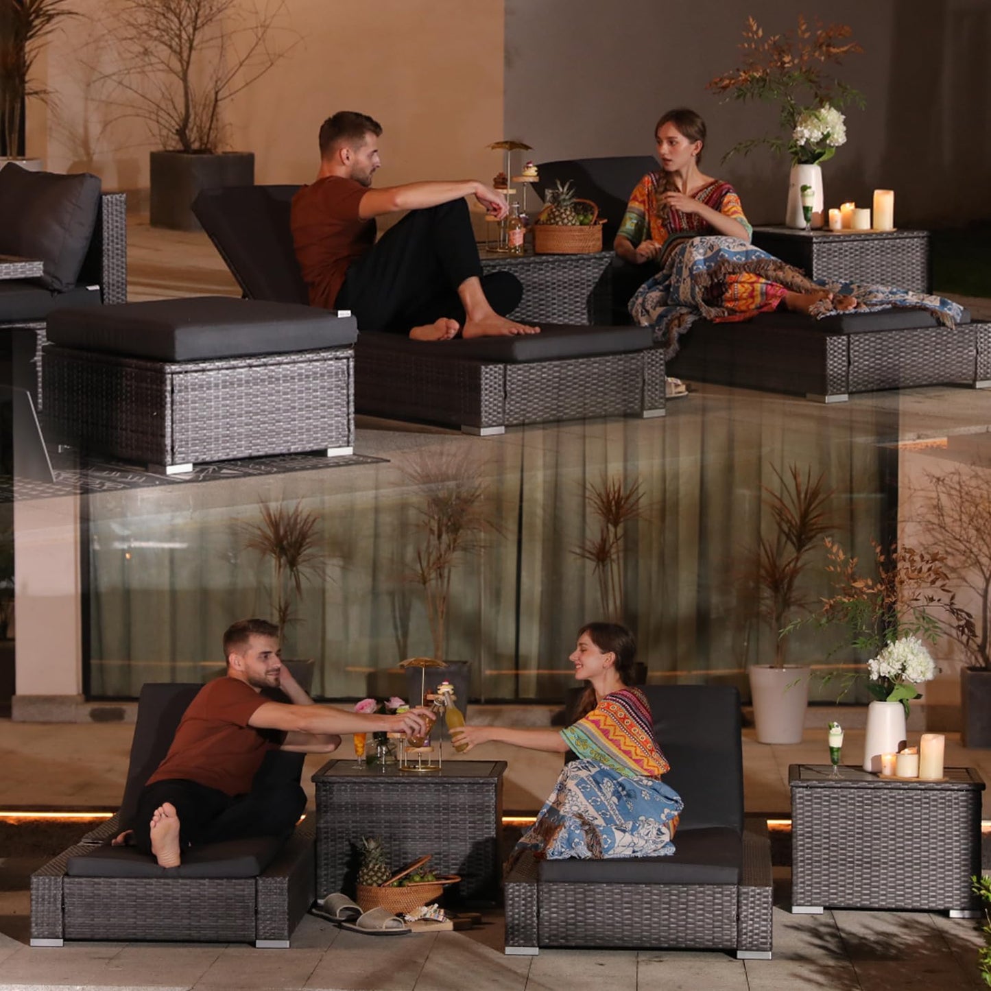 Ensemble de canapé de patio de luxe 13 pièces NICESOUL® avec table de foyer au gaz naturel/propane, ensemble de conversation d'extérieur à dossier haut de 29,3 po, canapé sectionnel extérieur en rotin PE, gris foncé 