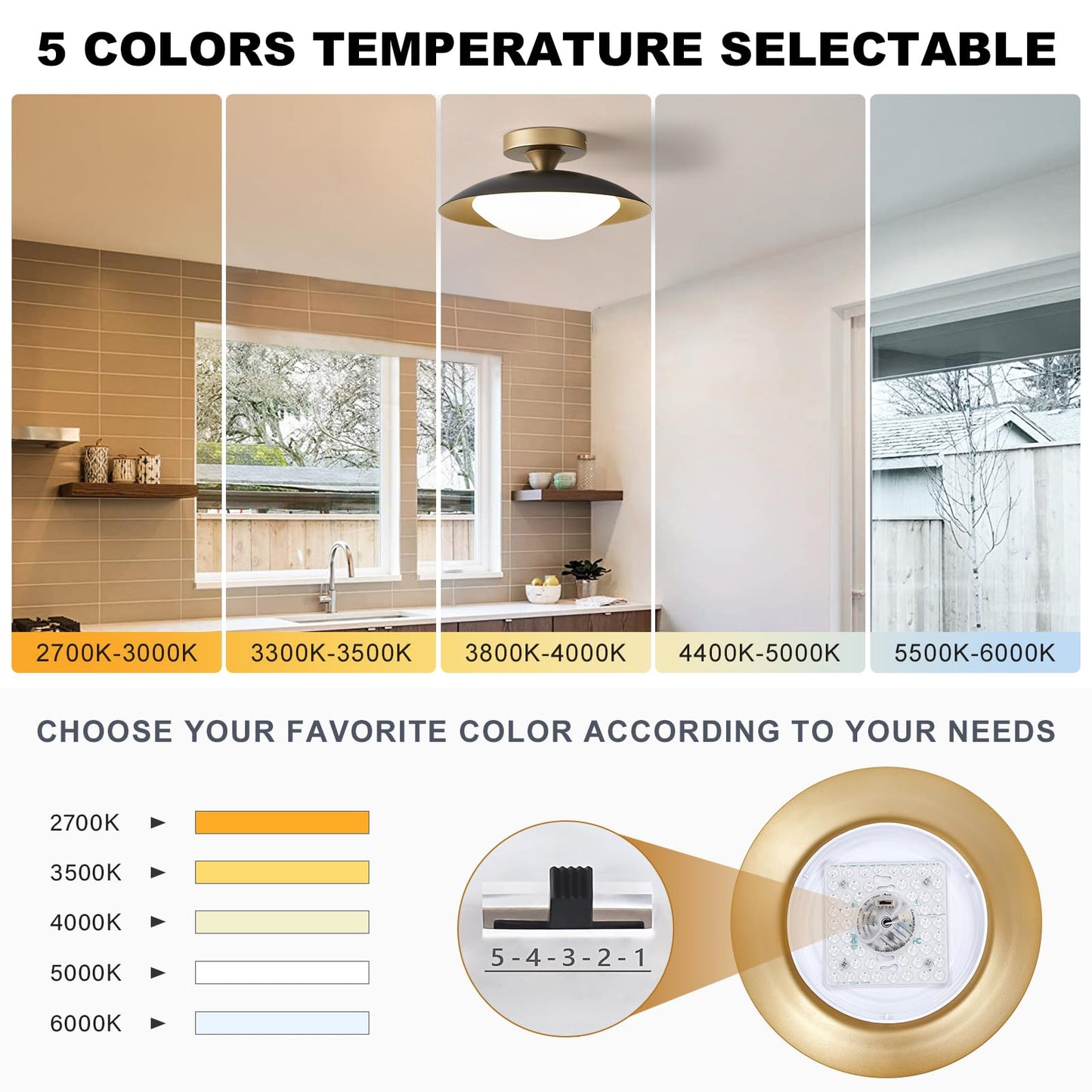 Dimmable Mid Century Modern Semi Flush Mount Ceiling Light with Acrylic Shade,Black Gold LED Ceiling Light,5CCT 2700K-6000K Light Fxiture for Hallway Bedroom Kitchen Laundry Room Living Room 15.7 in