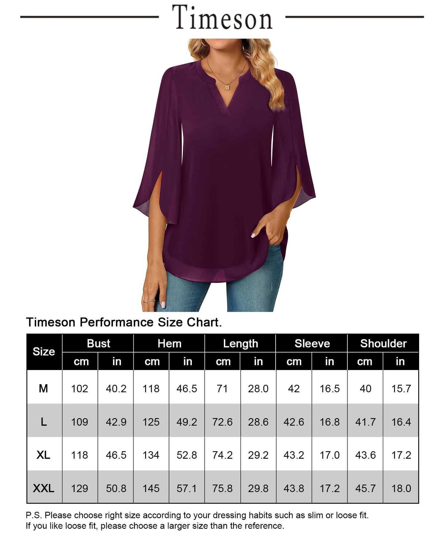 Timeson Damen Chiffonbluse mit 3/4-Ärmeln, V-Ausschnitt, elegante Tunika-Oberteile