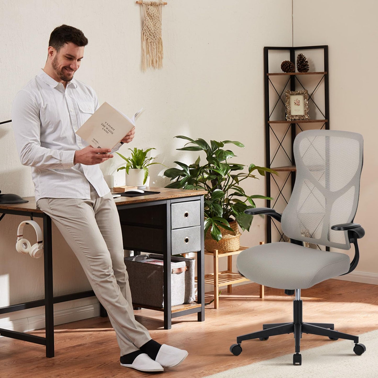 Chaise de bureau ergonomique en maille, chaise de bureau à dossier haut avec appui-tête 2D, support lombaire haut et bas, chaise de travail d'ordinateur pivotante avec accoudoirs rabattables réglables, noir 