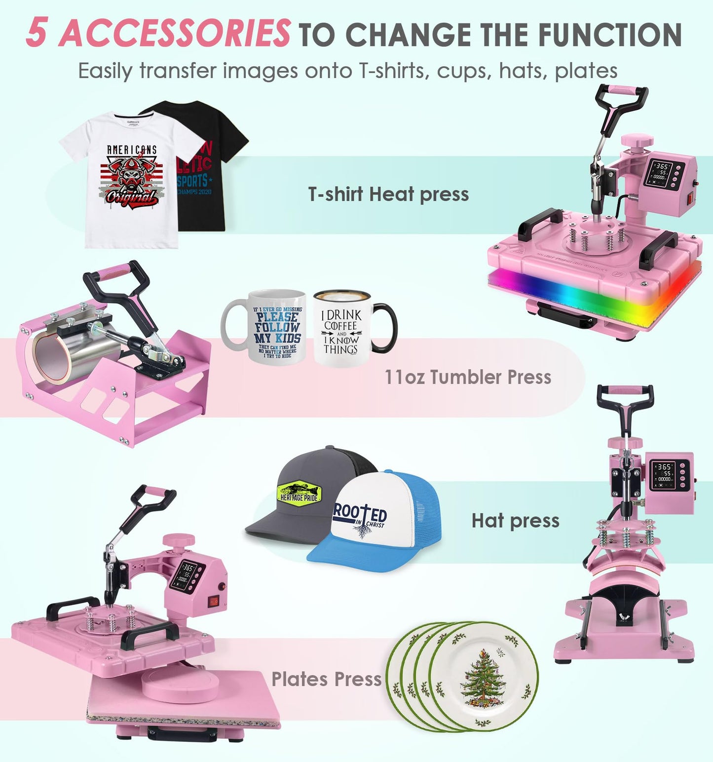 Slendor 5 in 1 Heat Press Machine 12x15 Inch T-Shirt Pressing Machine 360° Swing Away Sublimation Heat Press Digital Heat Transfer with 11OZ Tumbler Press, Multifunction Combo for Hat Cap Mug Plate