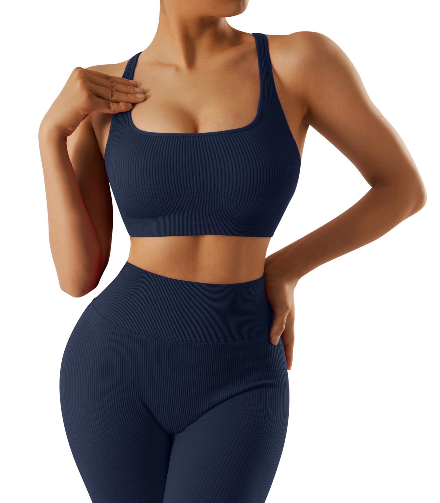 RXRXCOCO Ribbed Workout Sets for Women 2 Piece Backless Strappy Sports Bra Seamless Leggings Matching Set Yoga Outfits