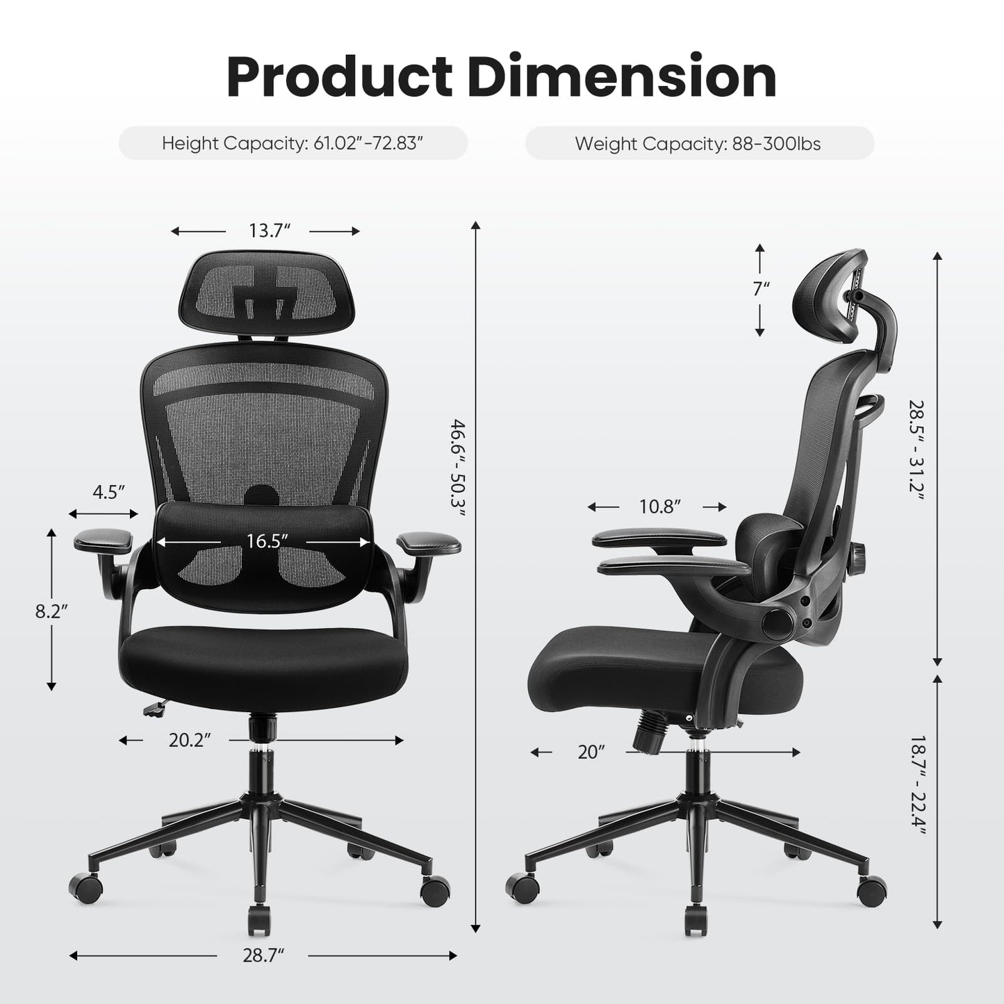 Ergonomischer Bürostuhl aus Netzgewebe, Schreibtischstuhl mit hoher Rückenlehne und 2D-Kopfstütze, Lendenwirbelstütze mit Auf- und Ab-Funktion, drehbarer Computer-Arbeitsstuhl mit verstellbaren, hochklappbaren Armlehnen, Schwarz 