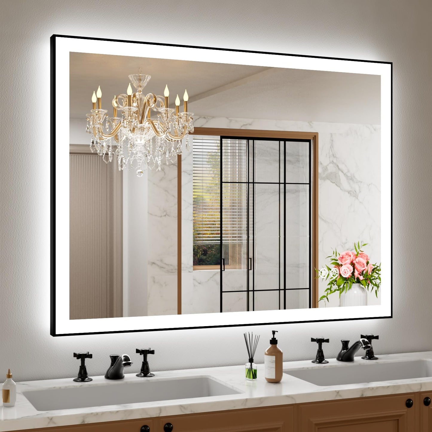 Amorho 20"x 28" LED Bathroom Mirror with Black Frame, Front Light and Backlit(Controlled Separately), Stepless Dimmable, Anti-Fog, Shatter-Proof, 3 Colors, Memory