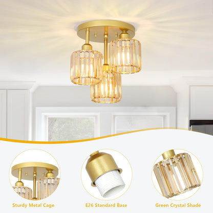 3-Light Crystal Semi Flush Mount Ceiling Light | Black Modern Fixture for Kitchen, Hallway & Bedroom