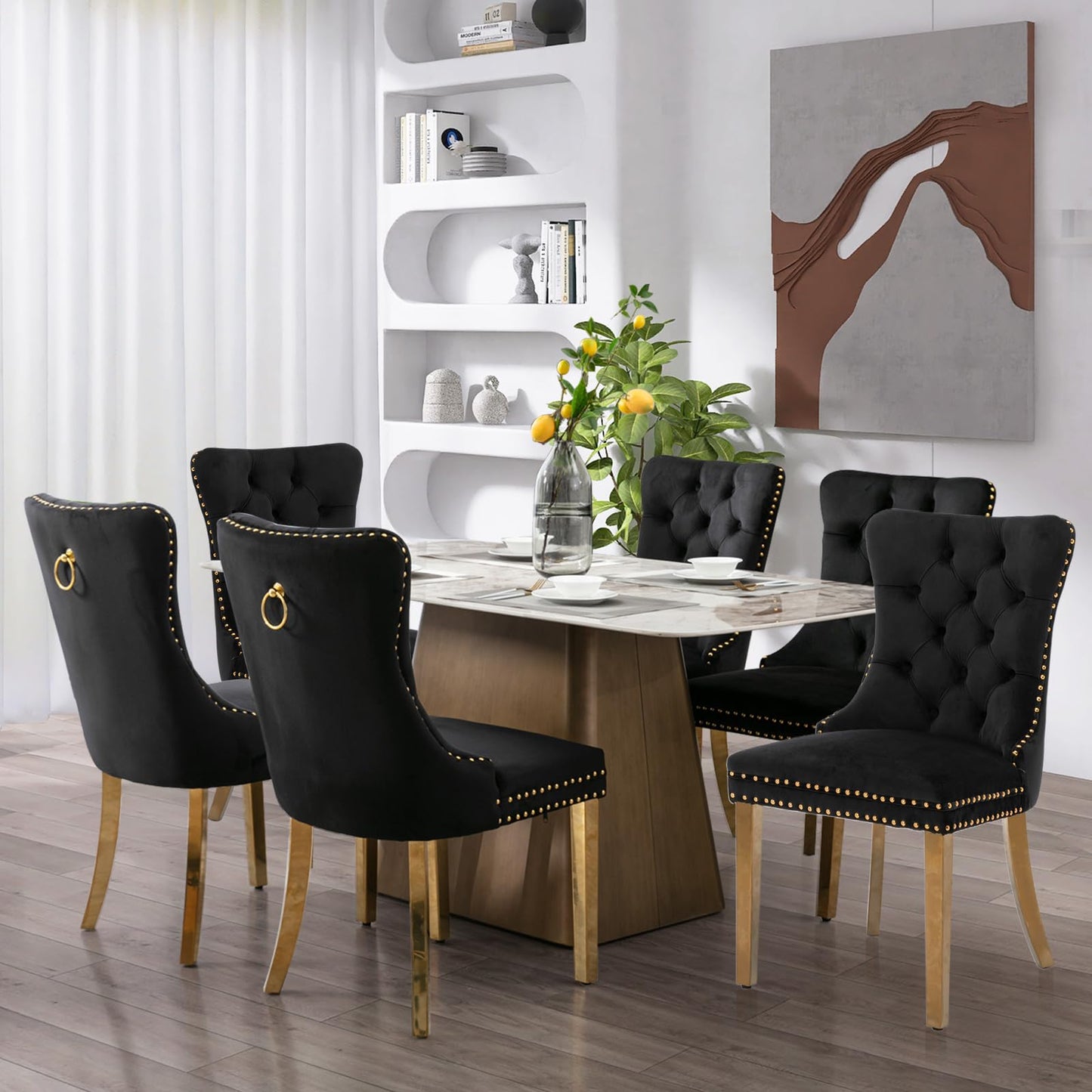 Lot de 8 chaises de salle à manger en cuir SoarFlash, chaise d'appoint à dossier haut, chaise d'appoint rembourrée moderne avec anneau de dossier à boutons, pieds en bois massif (noir et gris) 