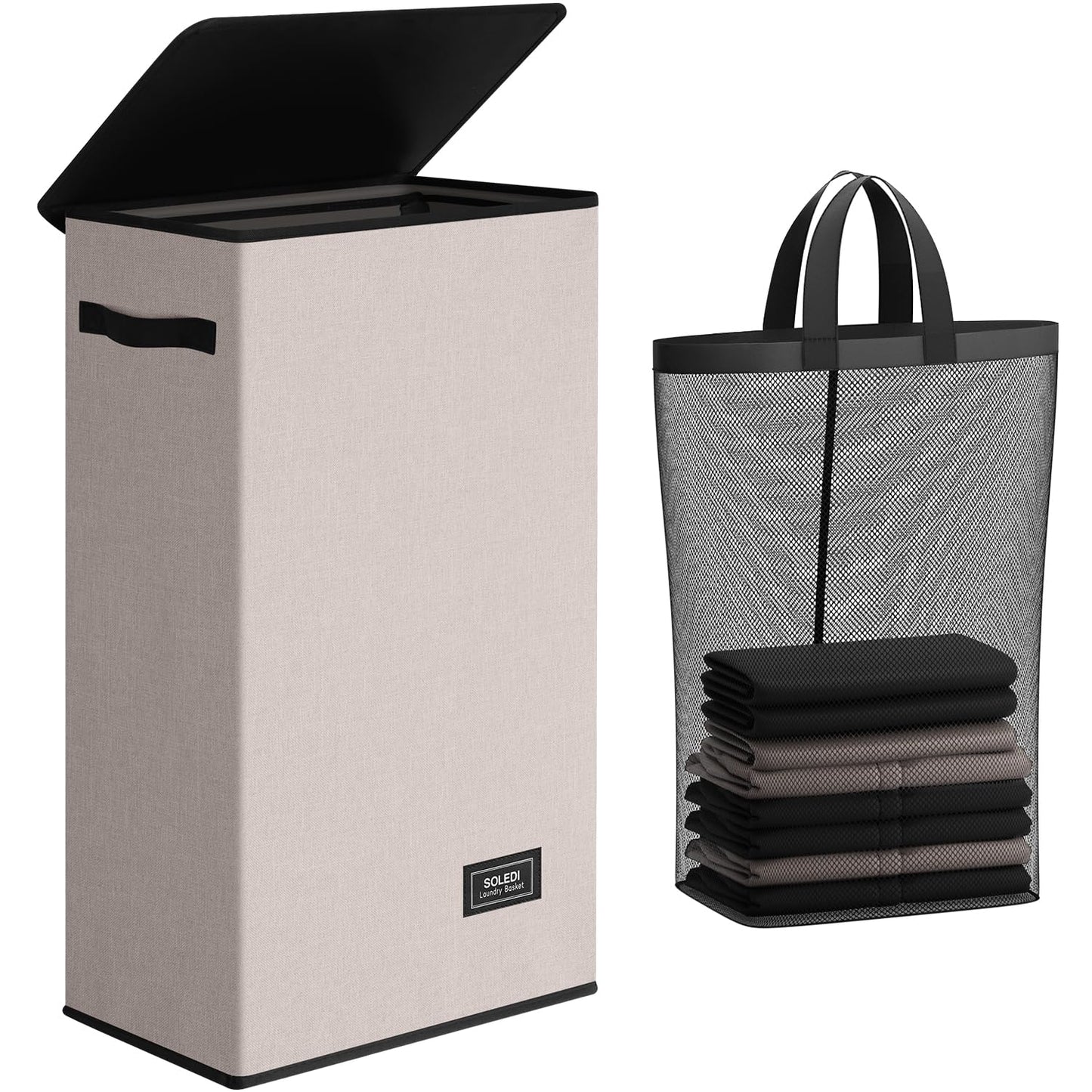 SOLEDI Laundry Hamper Black with Lid and Removable Bag - 100L Large and Tall Laundry Basket Collapsible with Handle for Clothing and Toys Storage - Dirty Clothes Hamper for Bedroom, bathroom, dorm