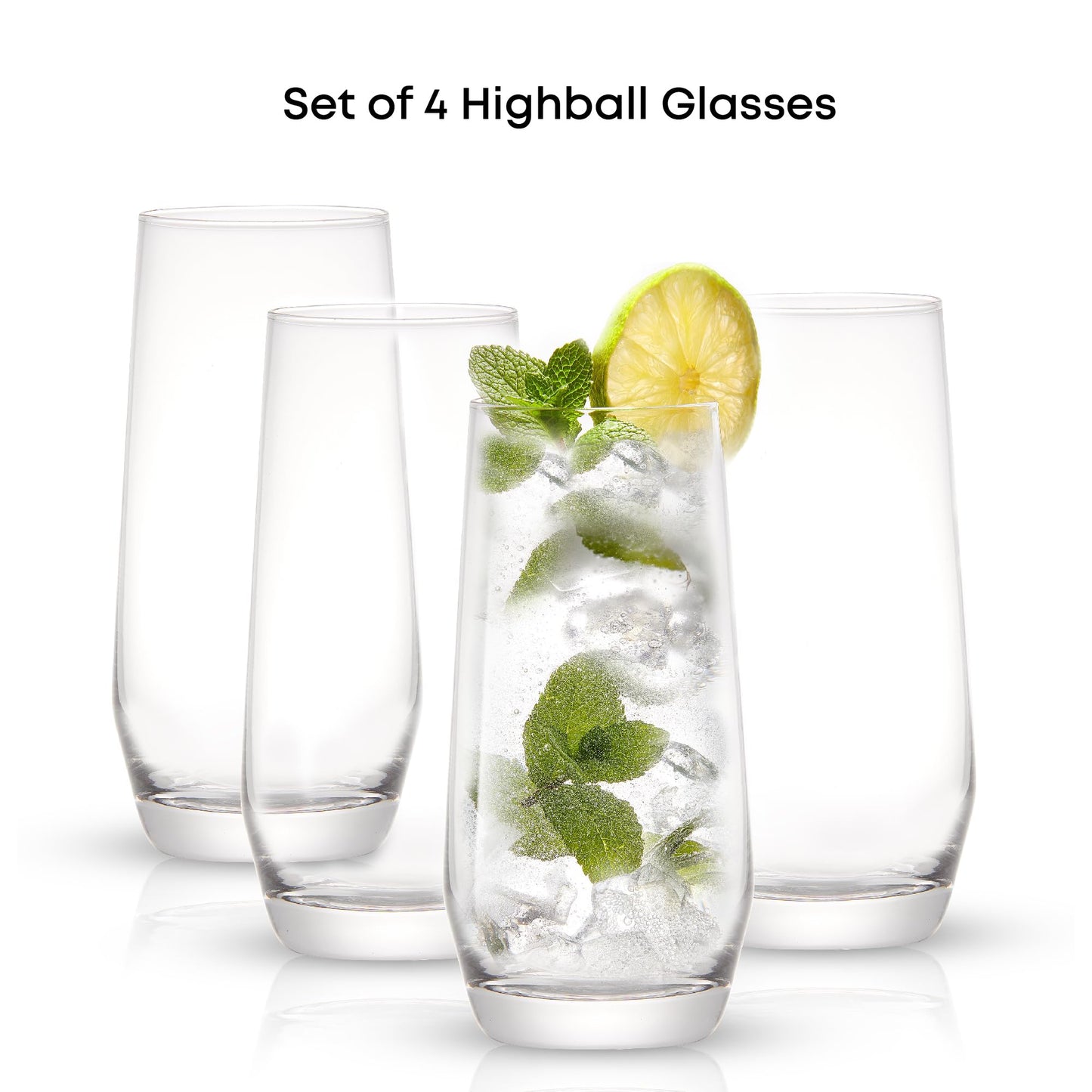 JoyJolt Gwen 18.5 oz Highball Glasses, 4pc Tall Glass Sets. Lead-Free Crystal Glass Drinking Glasses. Water Glasses, Mojito Glass Cups, Tom Collins Bar Glassware, and Mixed Drink Cocktail Glass Set