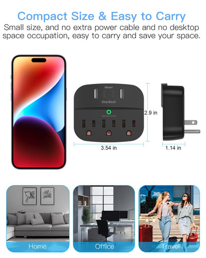 2-Pack Surge Protector Outlet Extender – 3 AC Outlets, 4 USB Ports (2 USB-C) – 490J Multi Plug Splitter, ETL Listed (Black)