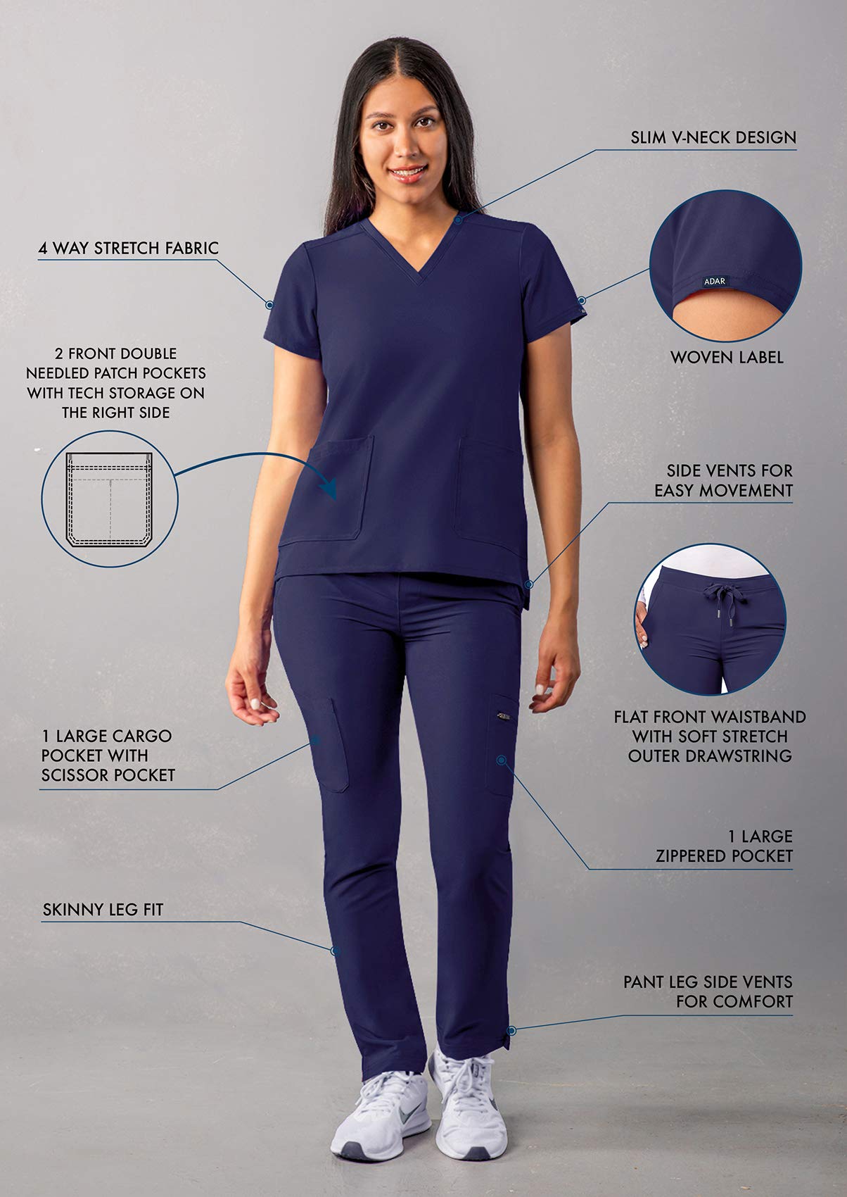 Adar Addition Go-Basic Scrub Set for Women - Slim V-Neck Scrub Top & Skinny Cargo Scrub Pants