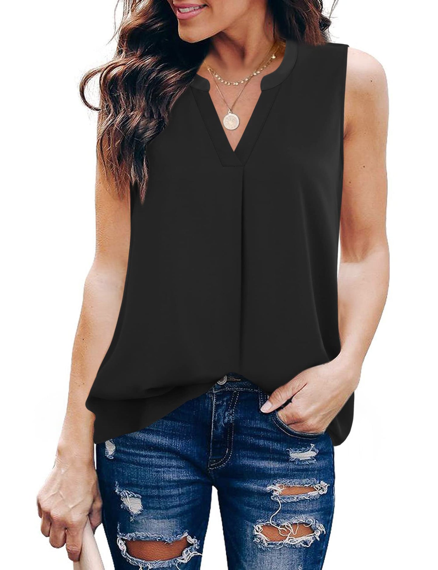 Timeson Women's Chiffon V Neck Sleeveless Blouse Tops Office Work Shirts