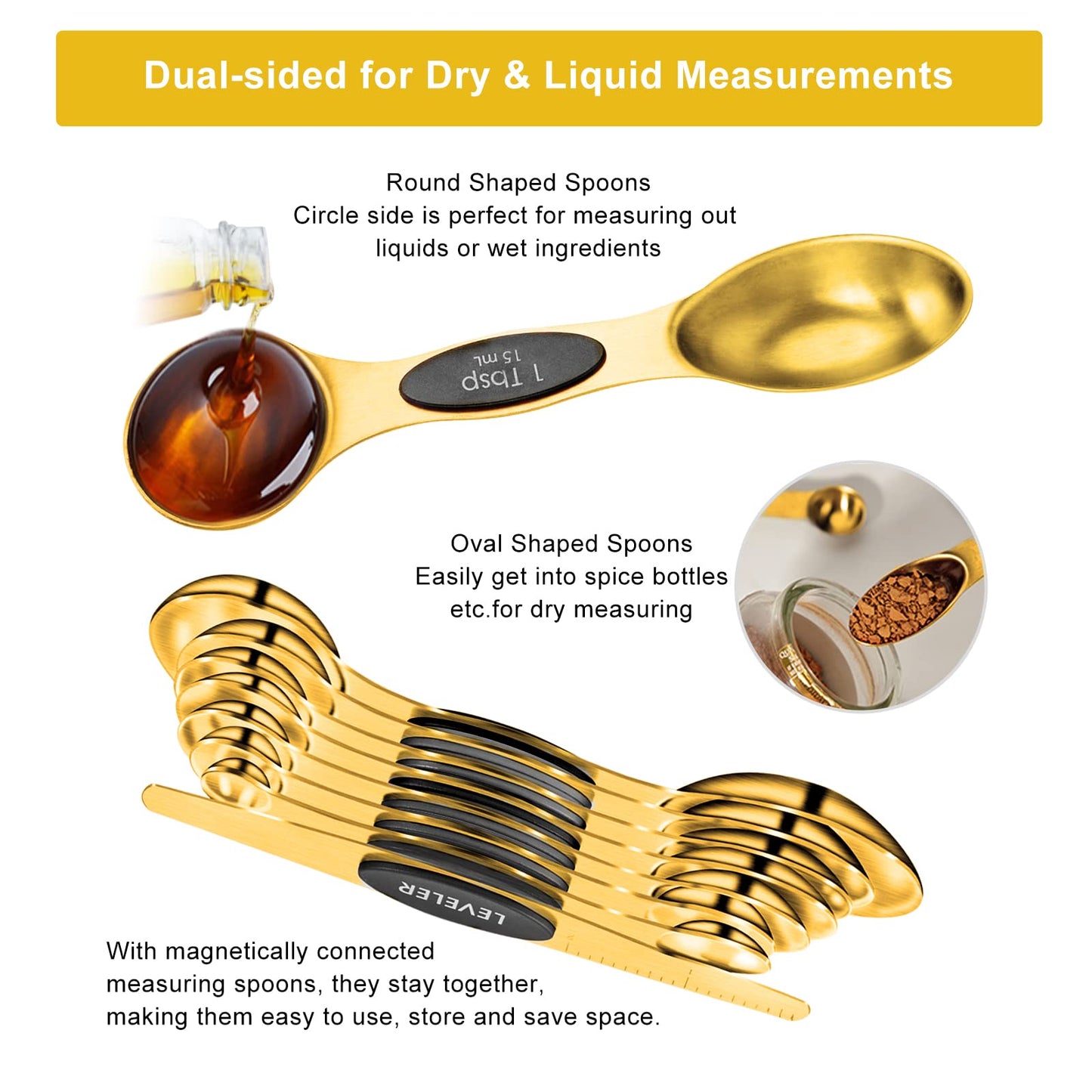 Goldfarbenes Messbecher- und Löffel-Set, 15 Stück, 18/8 Edelstahl, inkl. 7 ineinander stapelbaren Messbechern aus Metall, 8 magnetischen Messlöffeln – ideale Küchenhelfer zum Kochen und Backen 