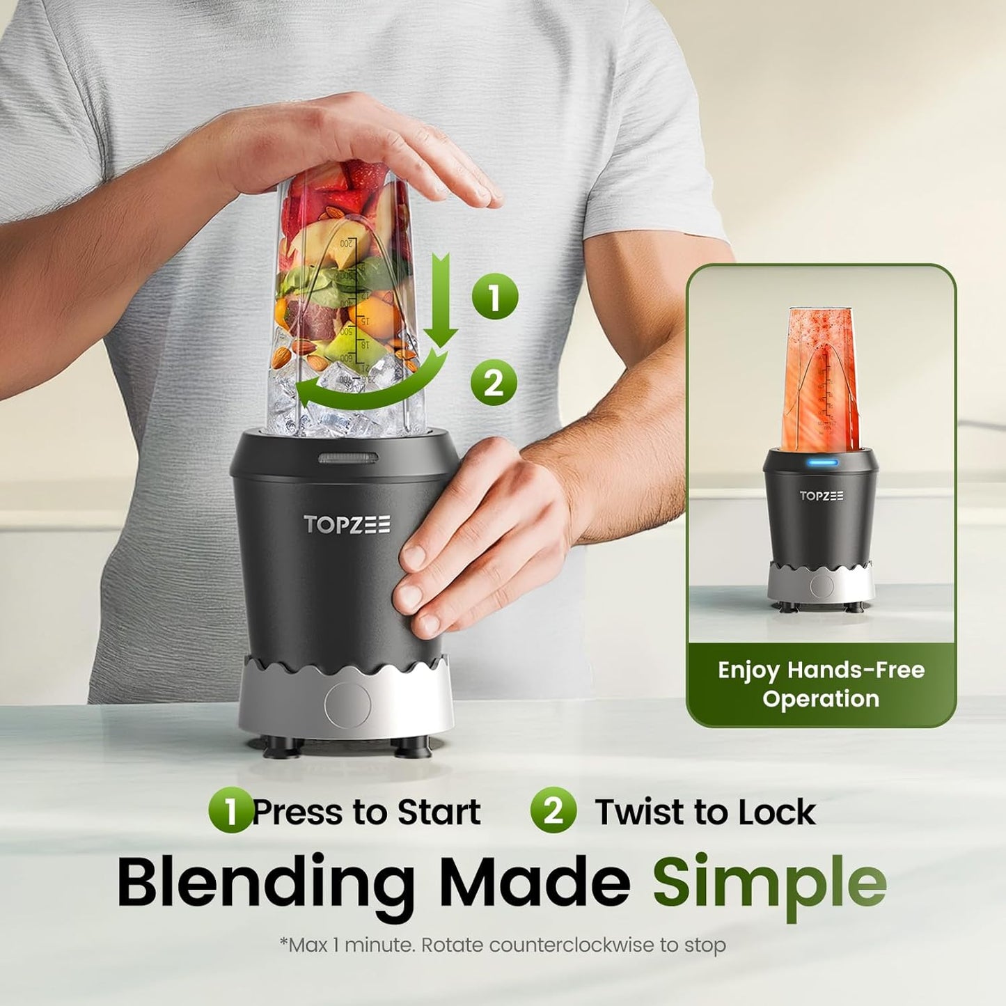 TOPZEE Personal Blender | 1000W (Max 1200W) Ice Crusher & Smoothie Maker – 24oz Portable Cup, 6 Stainless Steel Blades, Dishwasher-Safe