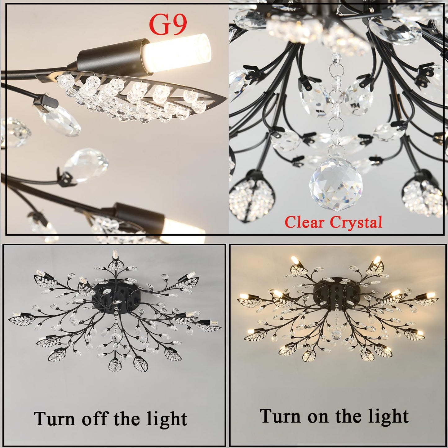 Modern Crystal Ceiling Light Fixture,Semi Flush Mount Chandeliers,Crystal Leaf Ceiling Light, Chandeliers for Dining Room,Living Room,Bedroom (Gold, 12-Lights)