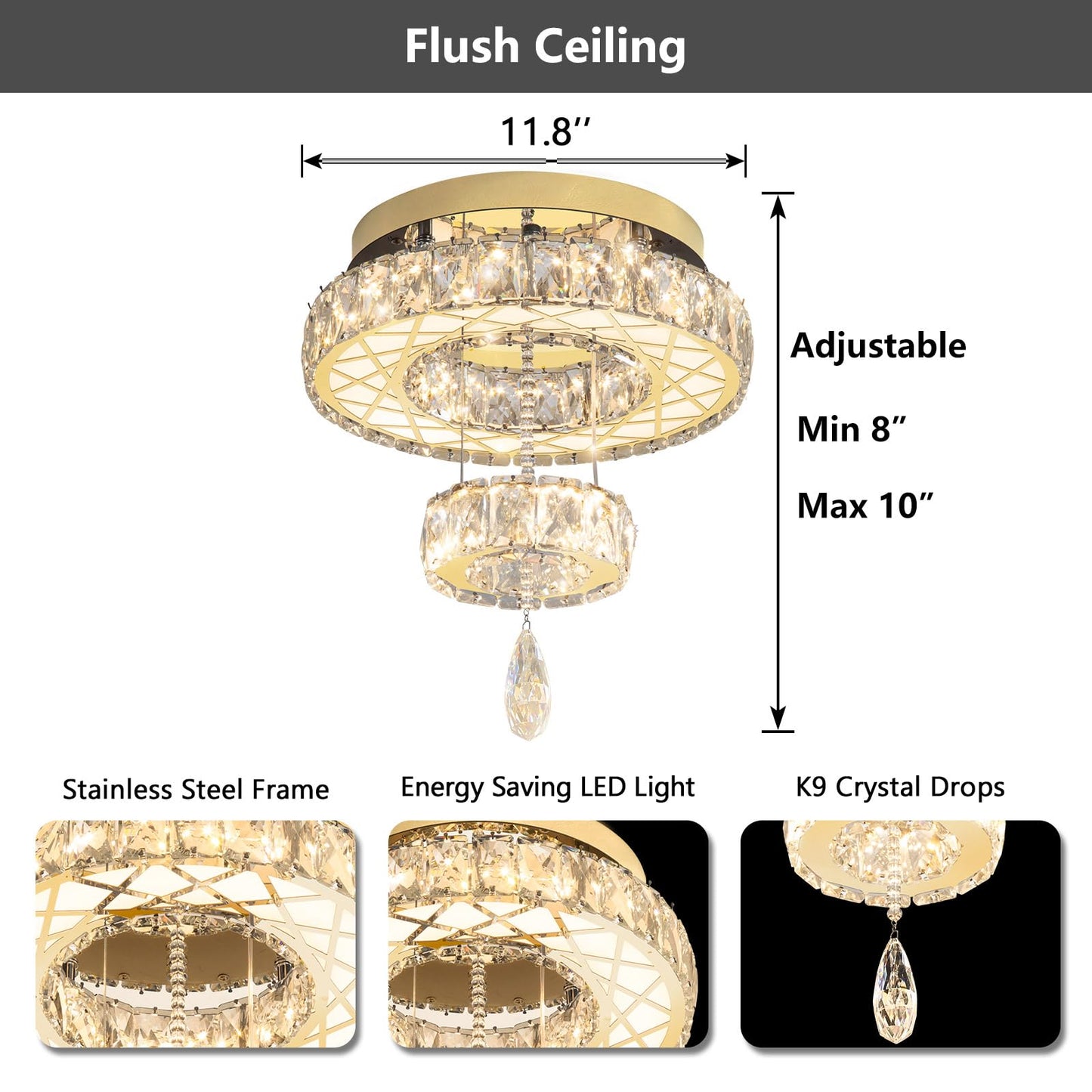 Modern Flush Ceiling Chandelier Bedroom Light Fixtures Crystal Flat Sloping Ceiling Lights for Hallway Kitchen Dining Room Dimmable Light with Remote Gold