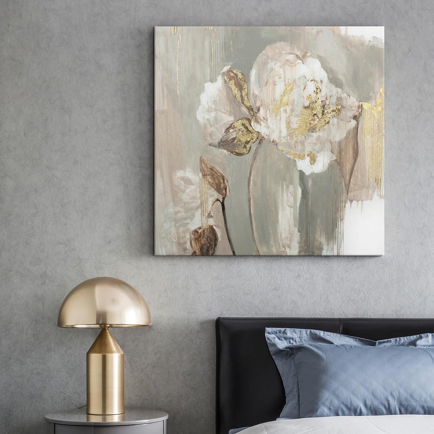 Goldfoilart Décoration murale florale moderne en fleurs blanches avec peintures en feuille d'or, œuvres d'art encadrées pour salon, chambre à coucher, cuisine, 61 x 61 cm x 2 pièces 