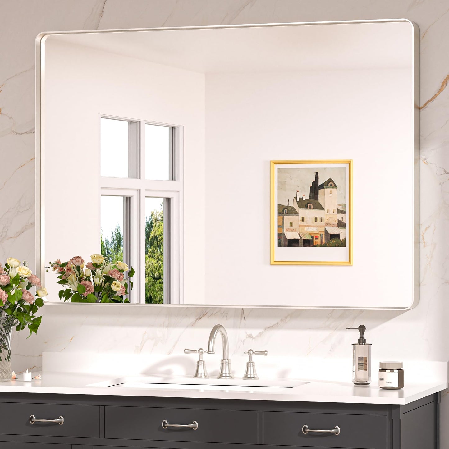 Keonjinn Black Mirror for Bathroom Sink, 24 x 30 Inch Sandblasted Finish Aluminum Wall Mirrors, Matte Black Rectangle Farmhouse Mirror with Shatterproof HD Tempered Glass, Anti-Rust Metal Frame