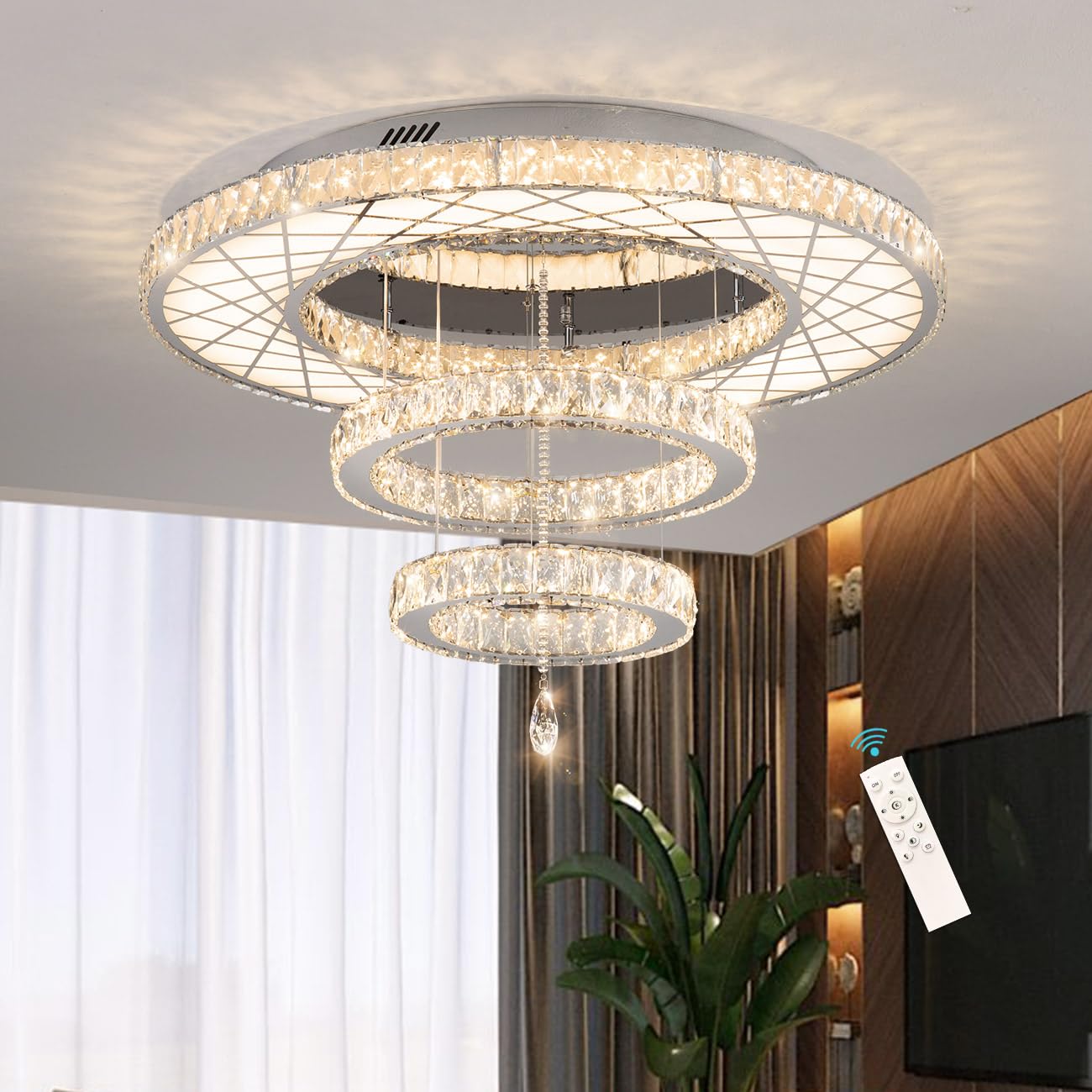 Modern Flush Ceiling Chandelier Bedroom Light Fixtures Crystal Flat Sloping Ceiling Lights for Hallway Kitchen Dining Room Dimmable Light with Remote Gold