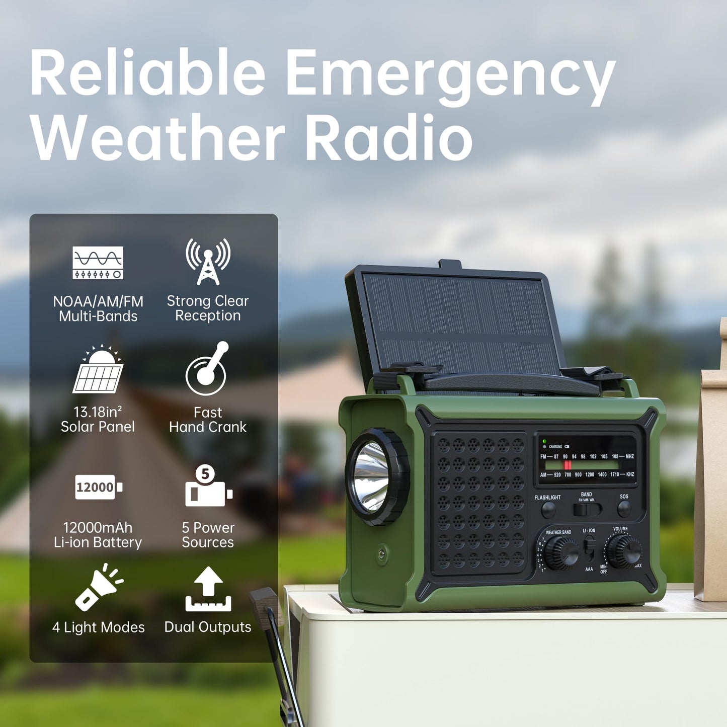 Solar Emergency Weather Radio with Hand Crank, 12000mAh Power Bank, AM/FM/NOAA Radio, Dual USB Phone Charger, SOS & 2-Mode LED Flashlight