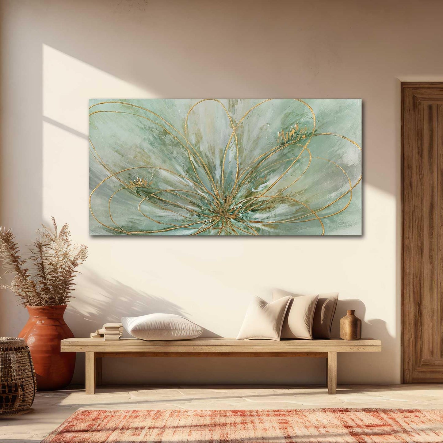 YJYart Abstrakte Wandkunst, Grün und Gold, handgemalt, Ölgemälde, Blüte, botanisch, großes Bild für Wohnzimmer, Schlafzimmer, Küche, Büro, 76,2 x 152,4 cm 