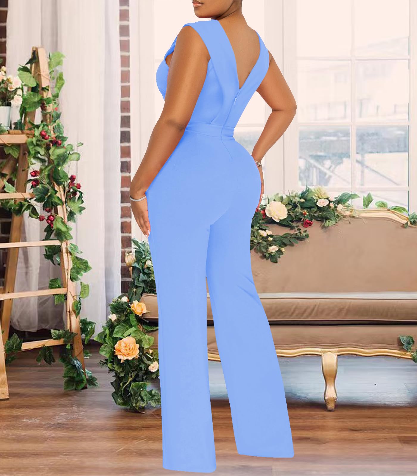 Women's Summer Formal Dressy Jumpsuits Elegant V Neck Sleeveless Party Rompers Stretchy Wrap Wide Leg Long Pants Clubwear