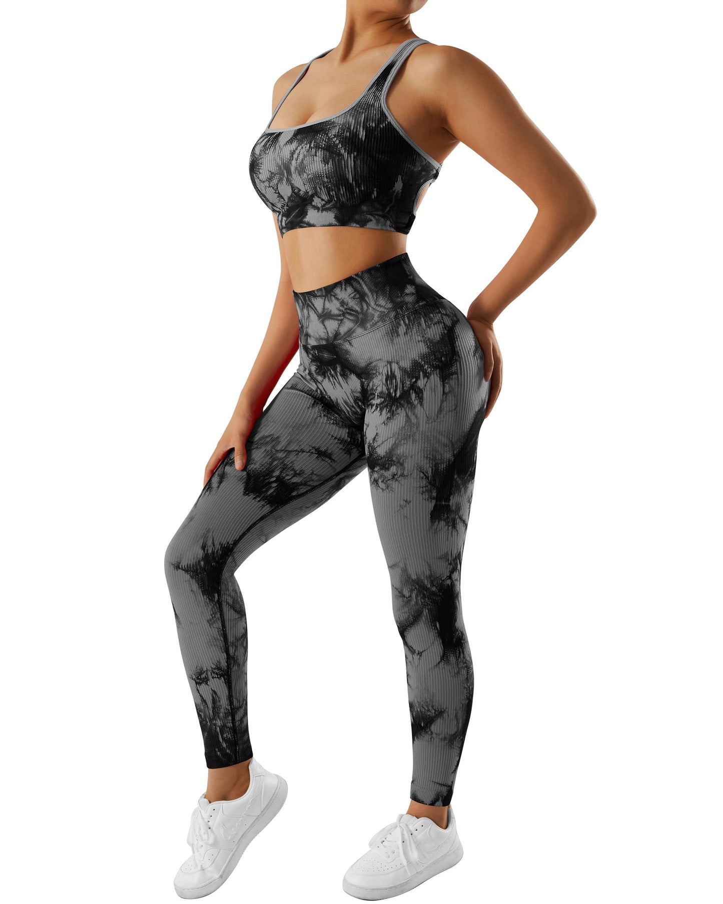 RXRXCOCO Gerippte Workout-Sets für Damen, 2-teilig, rückenfrei, Riemchen-Sport-BH, nahtlose Leggings, passendes Set, Yoga-Outfits 