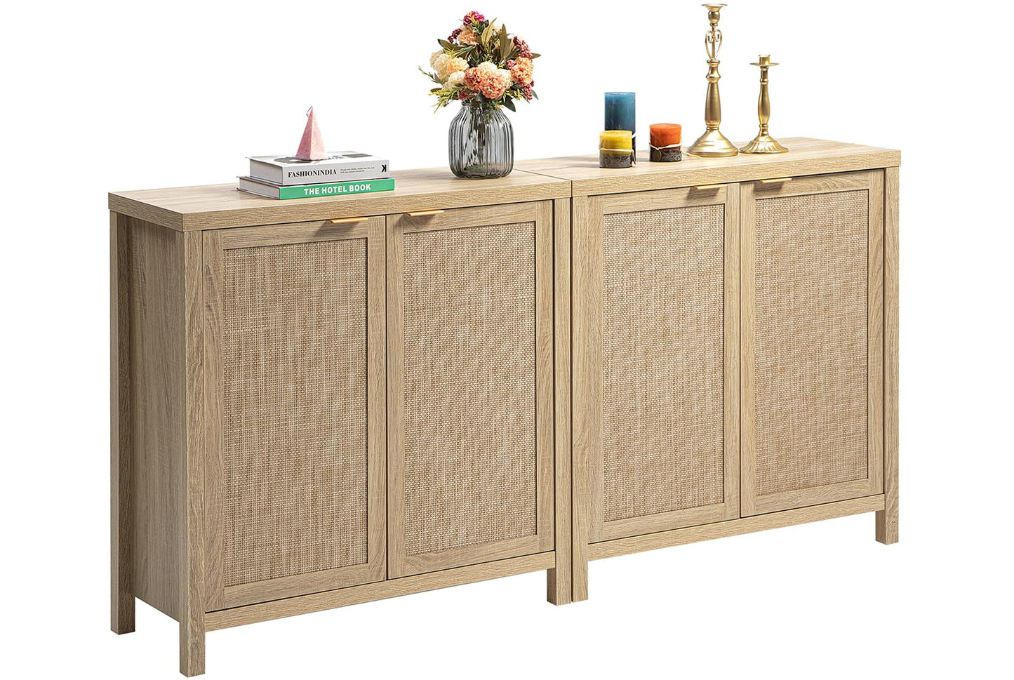 SICOTAS Rattan-Sideboard, Buffetschrank – großer Küchenschrank im Boho-Stil mit Rattan-Aufbewahrung – Holz-Kaffeebar-Schrank, Buffet-Konsolentisch für Esszimmer, Wohnzimmer, Flur – Natur 