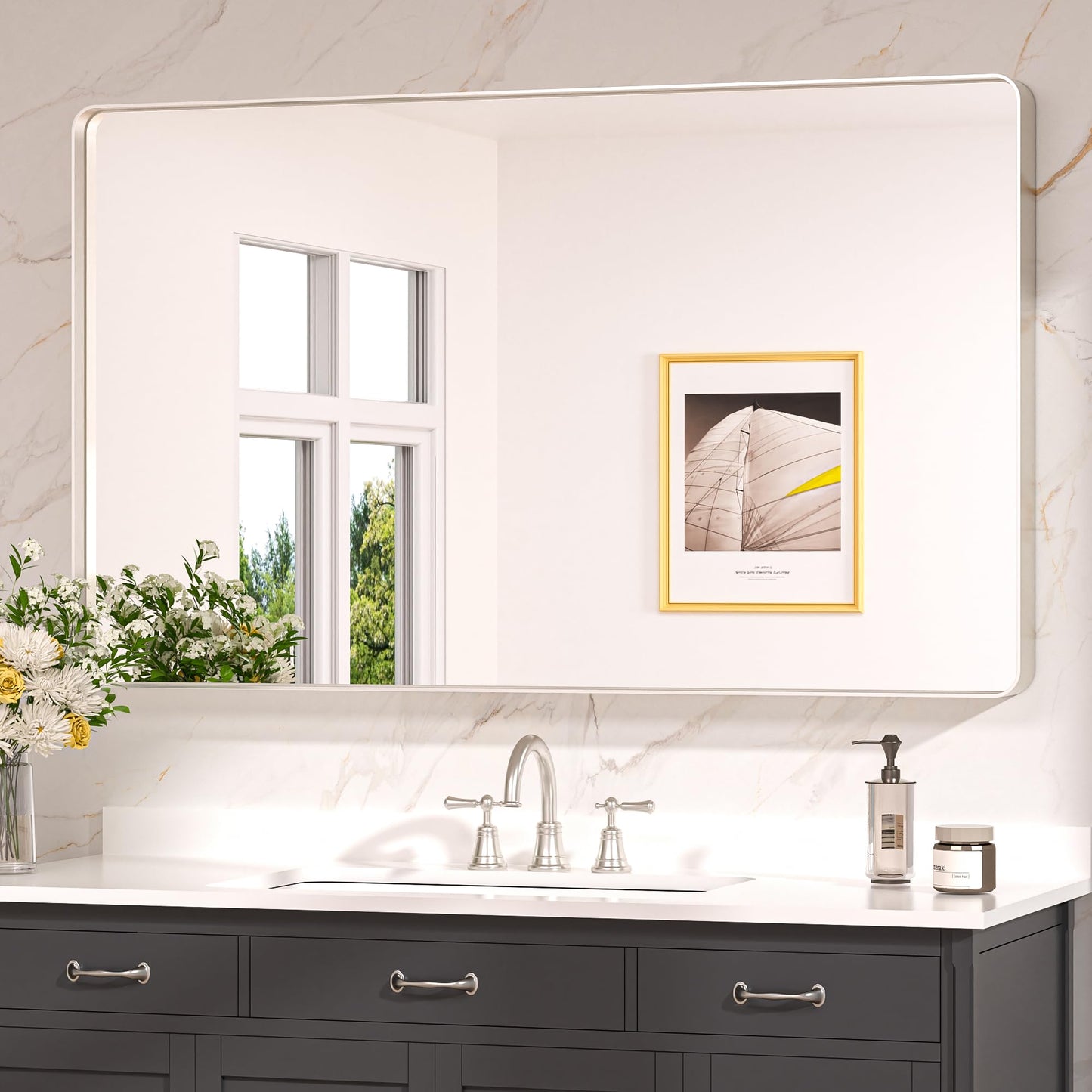 Keonjinn Black Mirror for Bathroom Sink, 24 x 30 Inch Sandblasted Finish Aluminum Wall Mirrors, Matte Black Rectangle Farmhouse Mirror with Shatterproof HD Tempered Glass, Anti-Rust Metal Frame