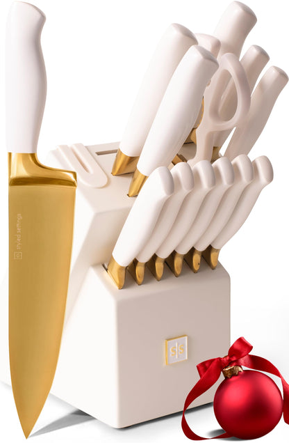 Copper Knife Set with Block - 14 PC Self Sharpening Knife Block Set