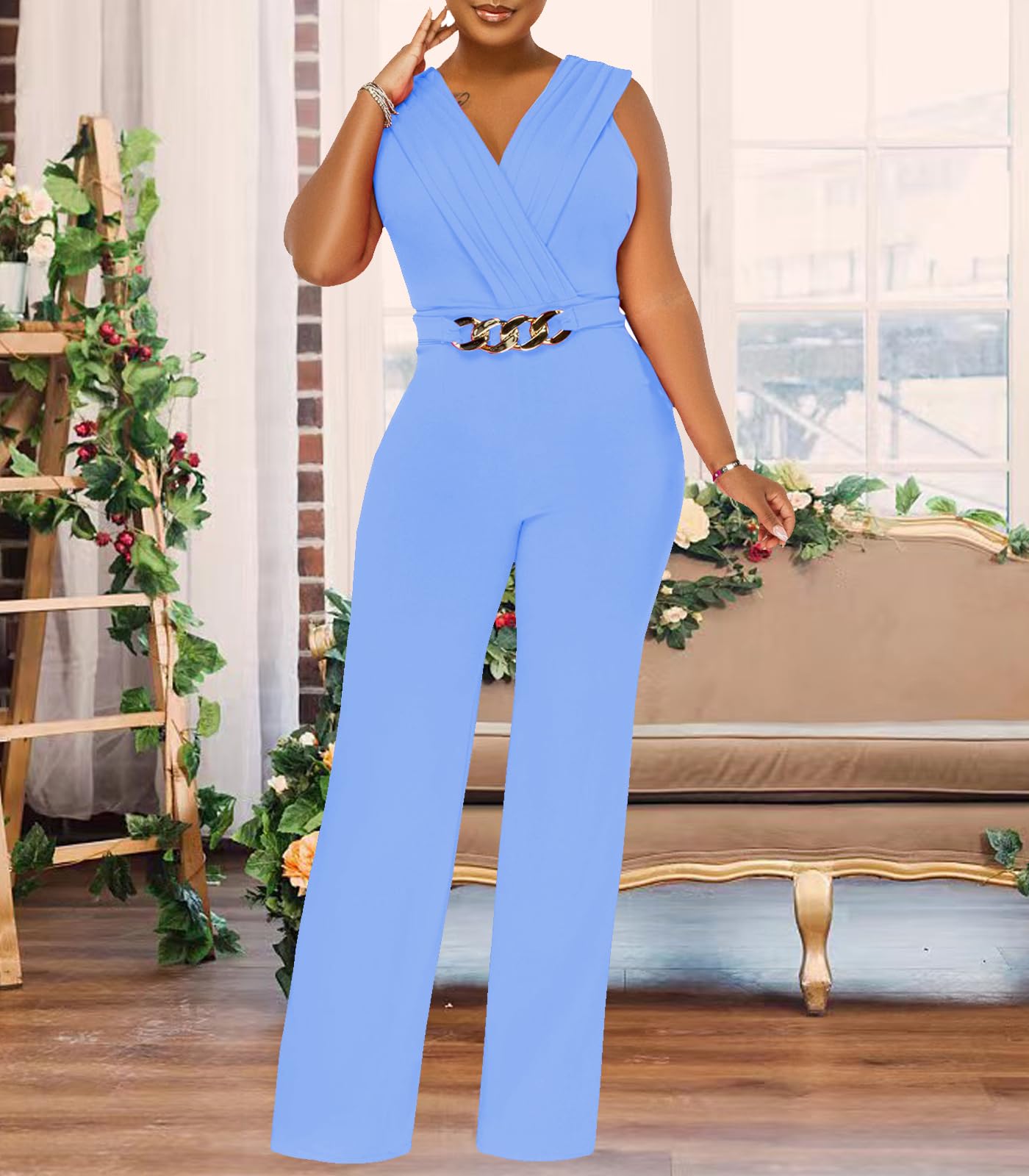 Women's Summer Formal Dressy Jumpsuits Elegant V Neck Sleeveless Party Rompers Stretchy Wrap Wide Leg Long Pants Clubwear