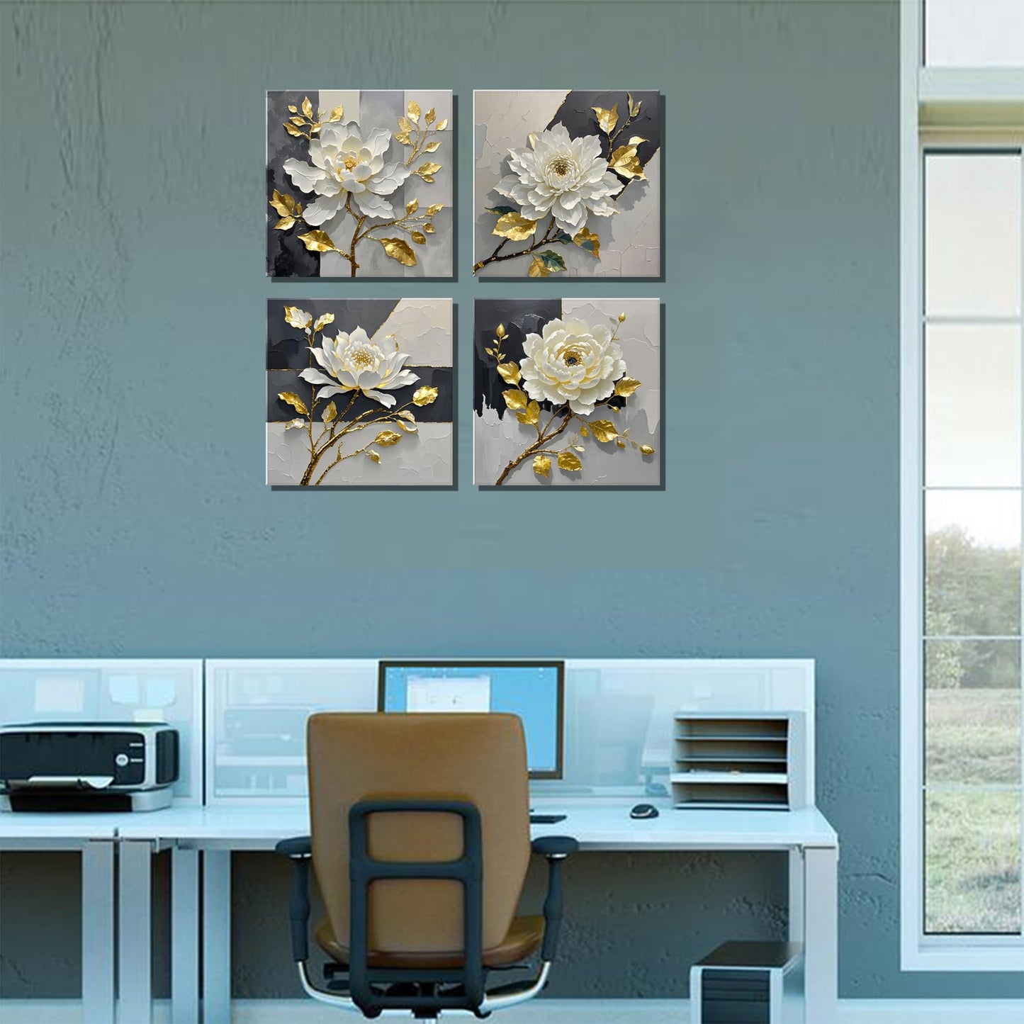 Peinture sur toile de fleurs dorées et blanches, art abstrait, peinture décorative murale moderne noire, blanche et grise, idéale pour le bureau, les loisirs et la maison (12" x 12" x 4 pièces encadrées). 