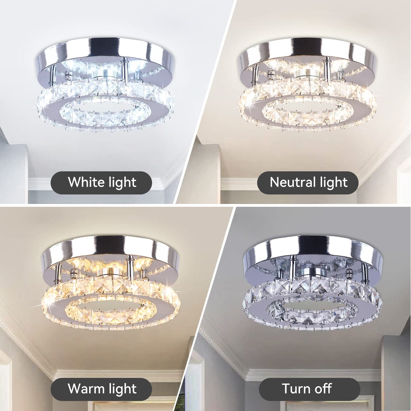 Dimmable Mini Crystal Chandeliers Modern Flush Mount Ceiling Light Fixture Round LED Crystal Chandelier Hallway Light Bedroom Bathroom Kitchen Office