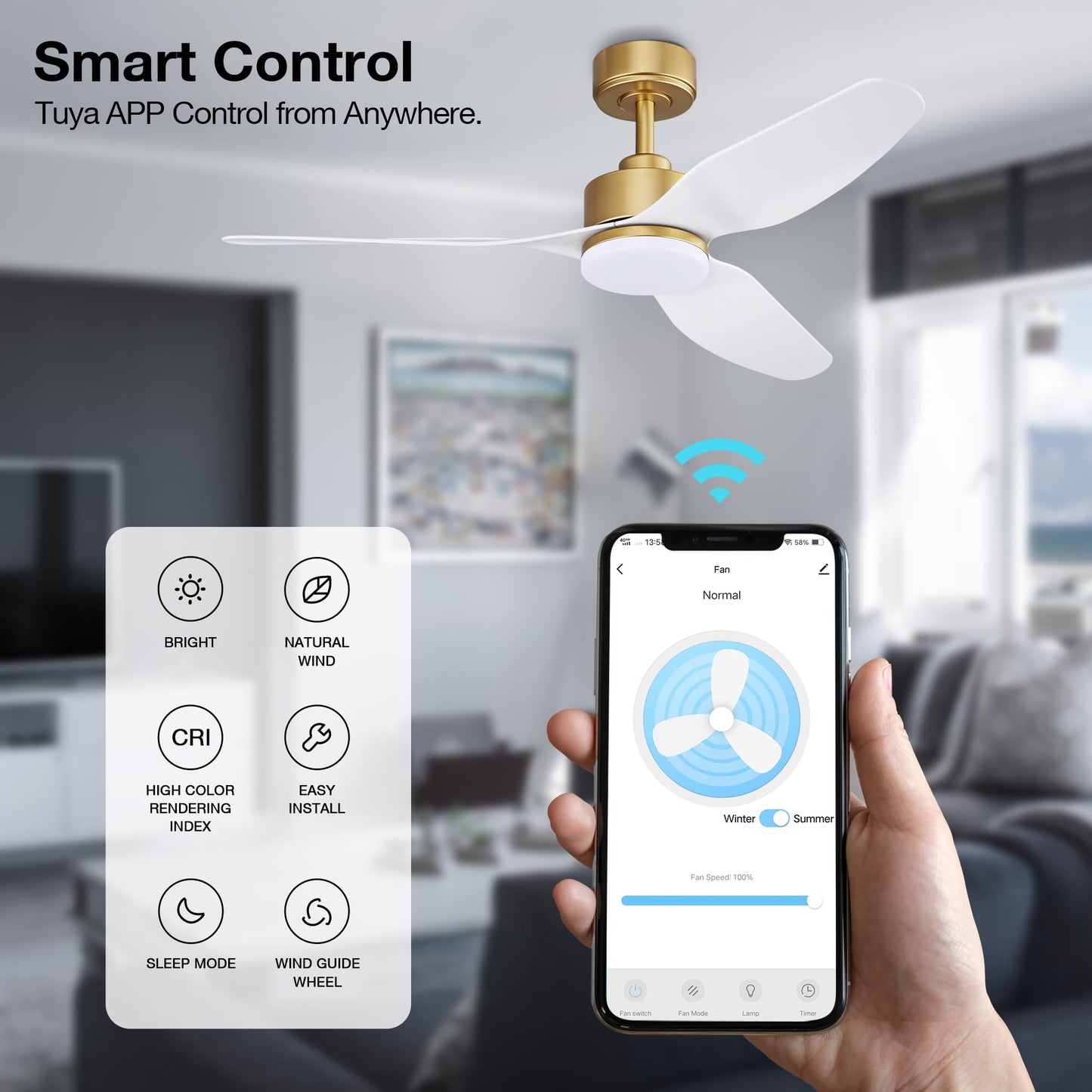 Smart LED Ceiling Fan – WiFi/Alexa Control, Quiet DC Motor, Indoor/Outdoor