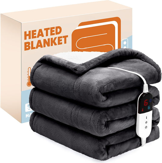Chateau Marchetti® Luxe Heated Throw – 50x60 Ultra-Soft Sherpa & Flannel Electric Blanket (Gray)