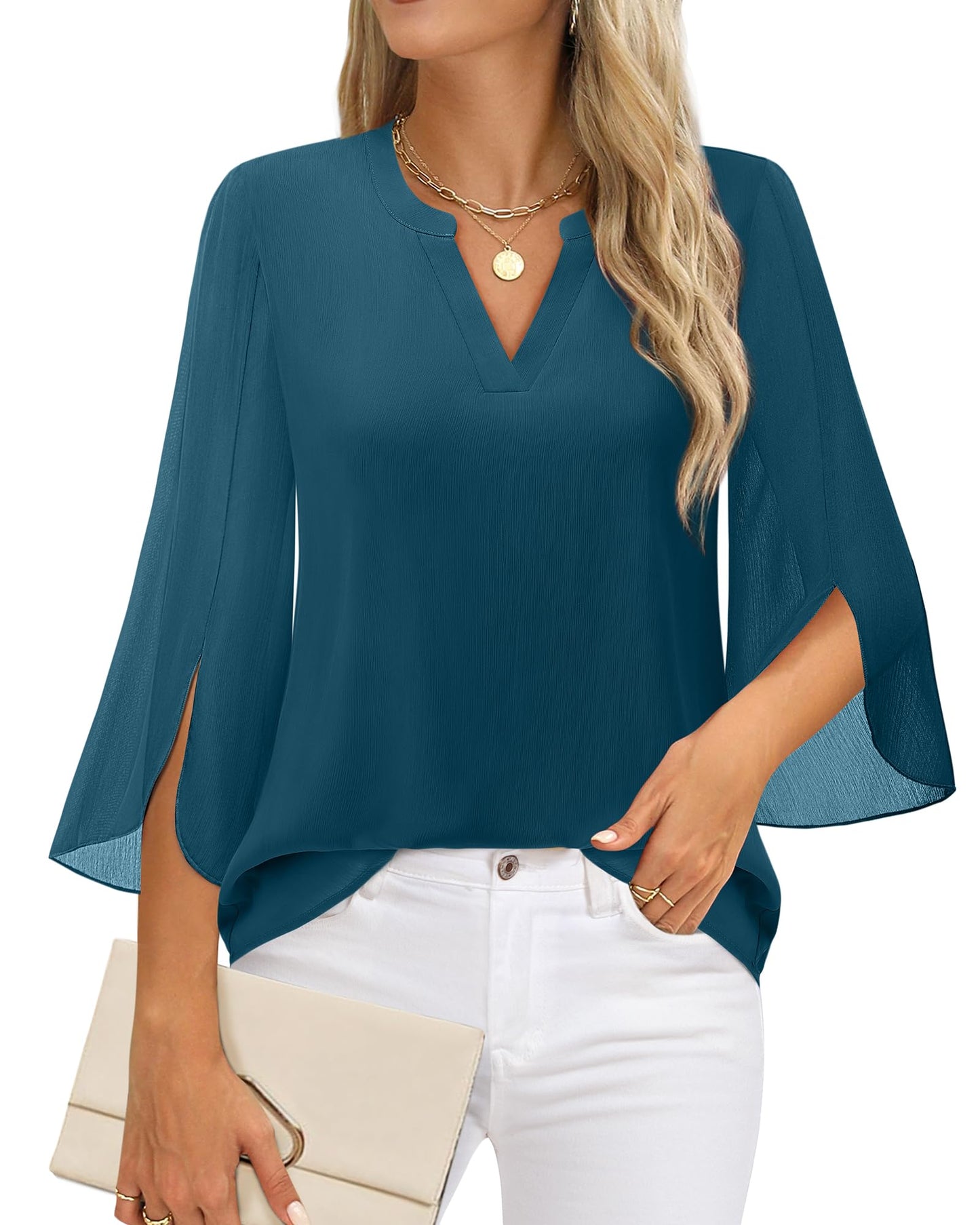 Timeson Damen Chiffonbluse mit 3/4-Ärmeln, V-Ausschnitt, elegante Tunika-Oberteile