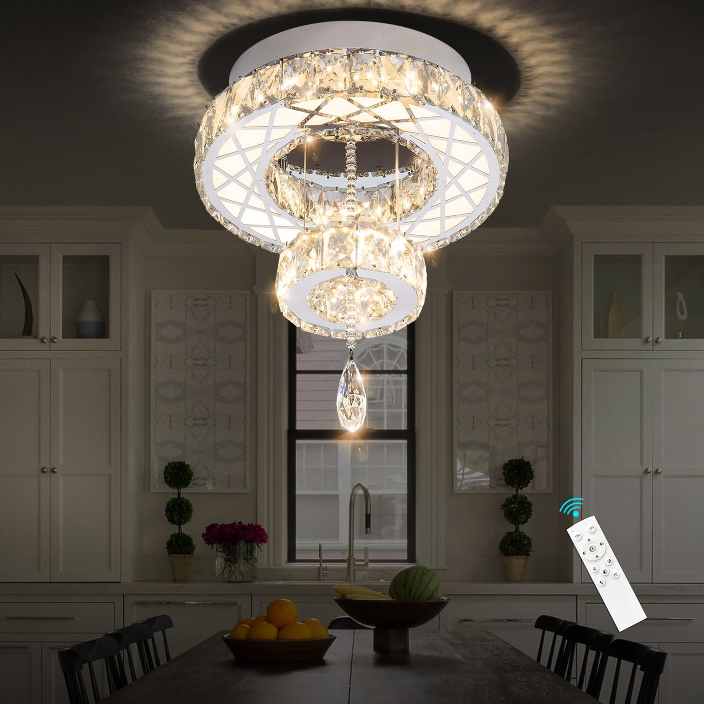 Modern Flush Ceiling Chandelier Bedroom Light Fixtures Crystal Flat Sloping Ceiling Lights for Hallway Kitchen Dining Room Dimmable Light with Remote Gold