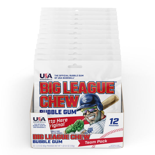 Big League Chew Outta Here Original Bubble Gum - Classic Ballpark Flavor | Perfect for Baseball Games, Teams, Concessions, Parties, and More | Pack of 12 Bags (2.12oz Each)