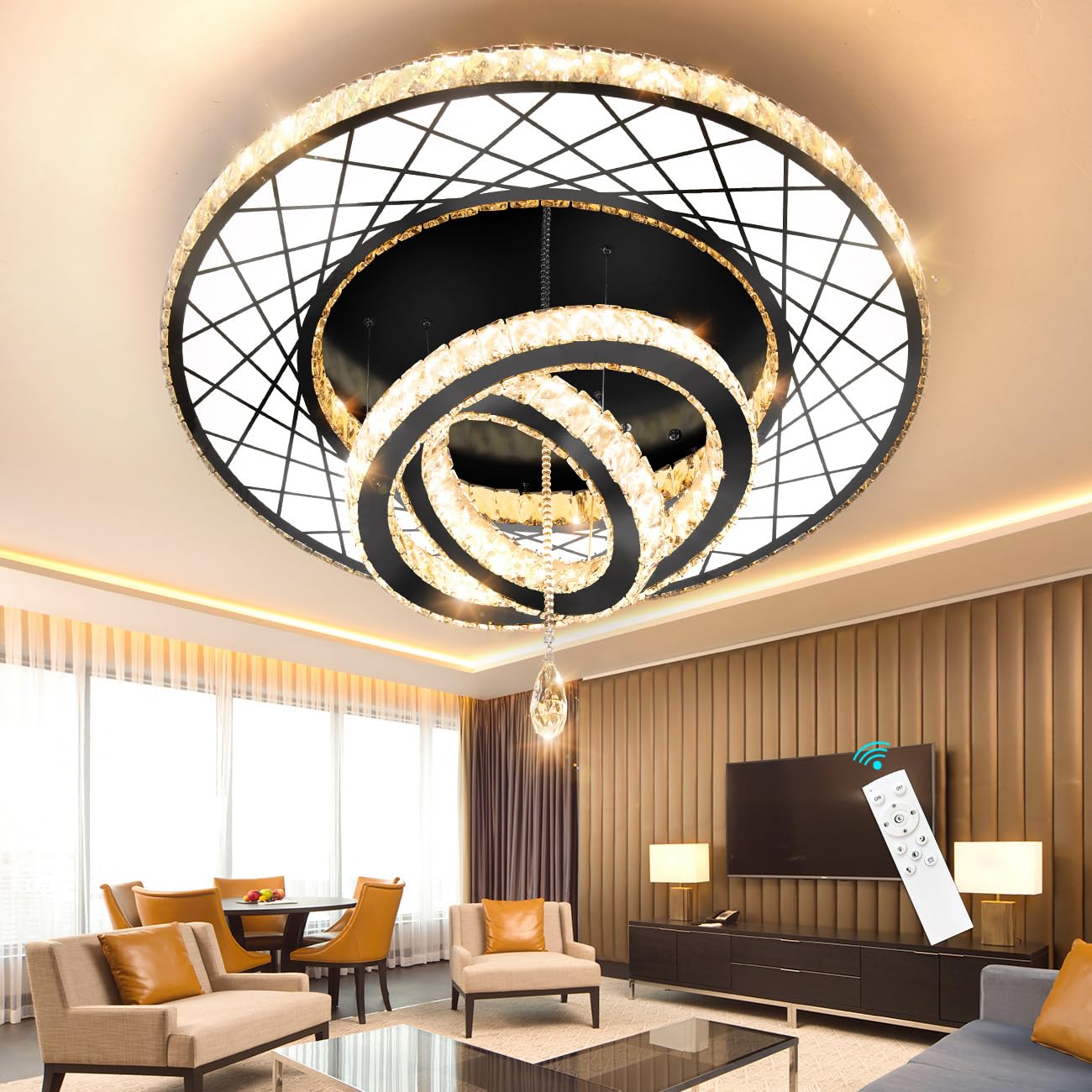 Modern Flush Ceiling Chandelier Bedroom Light Fixtures Crystal Flat Sloping Ceiling Lights for Hallway Kitchen Dining Room Dimmable Light with Remote Gold