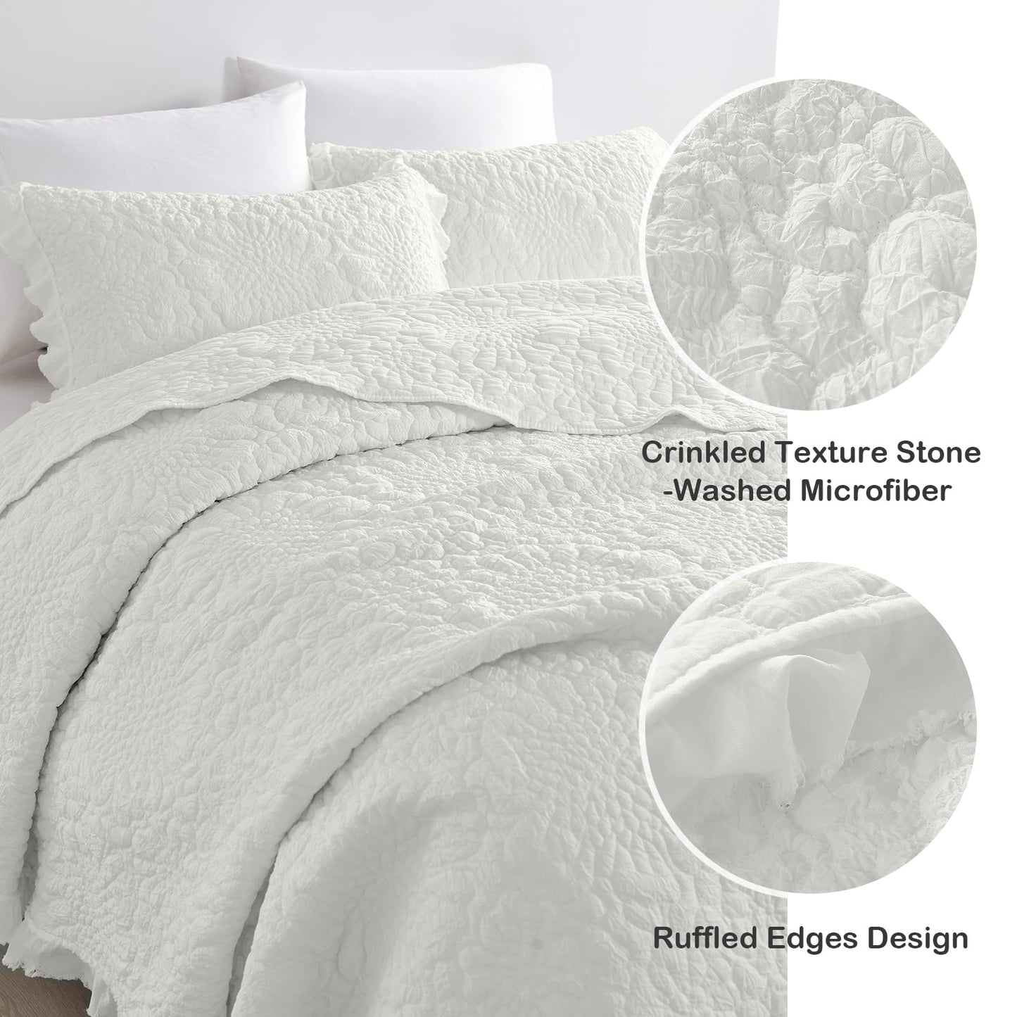 HORIMOTE HOME White Ruffled Quilt King Size, Stone-Washed Microfiber Lightweight Crinkled Farmhouse Rustic Shabby Chic Bedding Set, 3 Pieces Reversible Bedspread with Pillow Shams for All Season