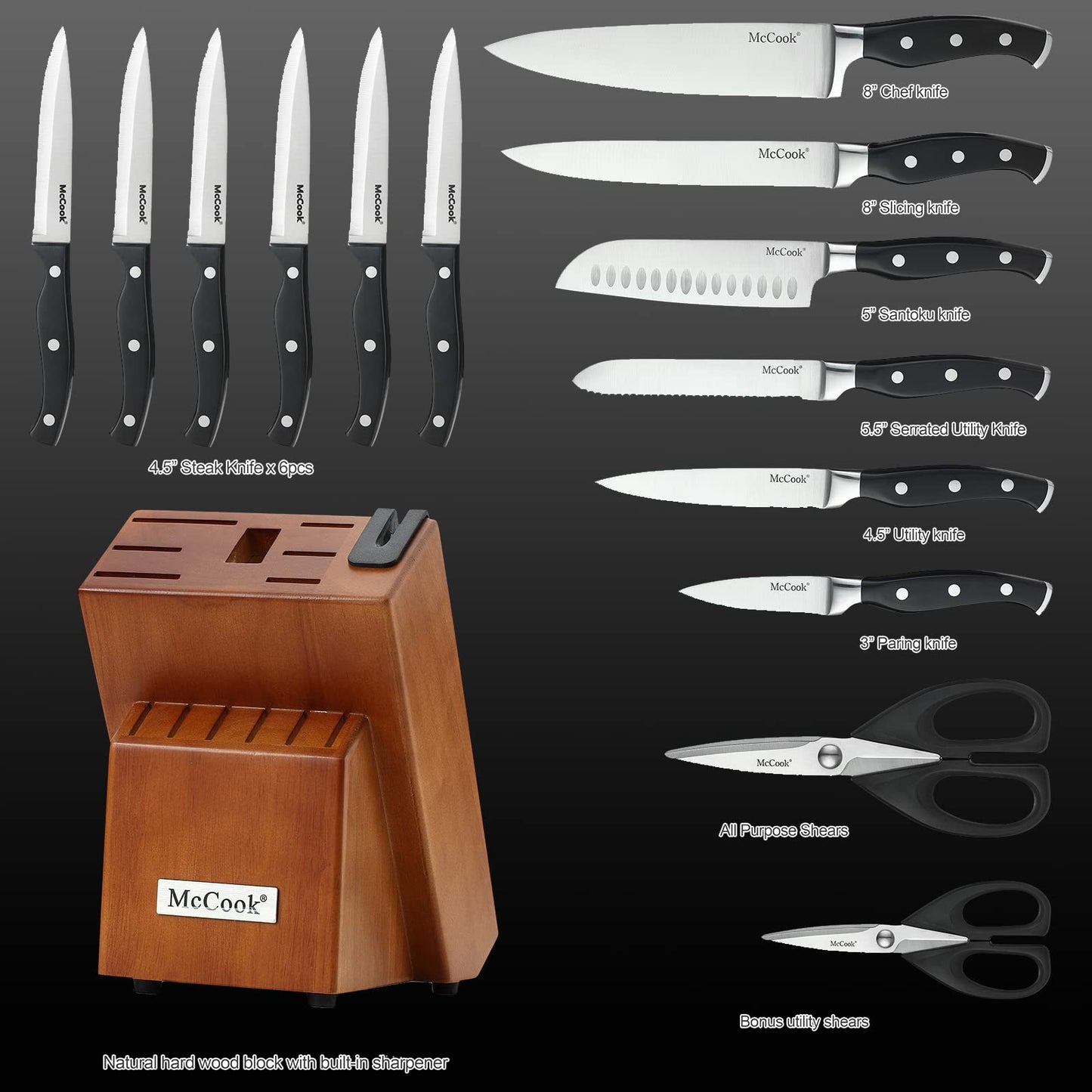 McCook® Messersets, Küchenmesserblock-Set aus deutschem Edelstahl mit integriertem Schärfer 