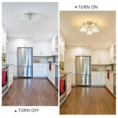 3-Light Crystal Semi Flush Mount Ceiling Light | Black Modern Fixture for Kitchen, Hallway & Bedroom