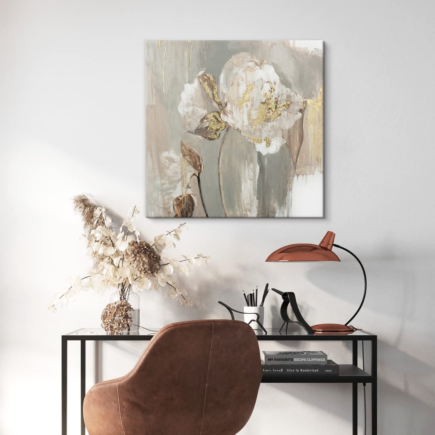 Goldfoilart Décoration murale florale moderne en fleurs blanches avec peintures en feuille d'or, œuvres d'art encadrées pour salon, chambre à coucher, cuisine, 61 x 61 cm x 2 pièces 