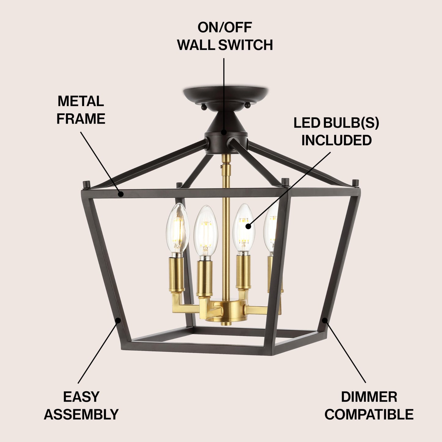 JONATHAN Y JYL7610A Plains Mini Lantern 12" 4-Light Iron Modern Farmhouse LED Flush Mount, Rustic, Industrial, Dimmable, 2700K Cozy Warm Light Kitchen, Hallway, Bathroom, Stairwell, Oil Rubbed Bronze