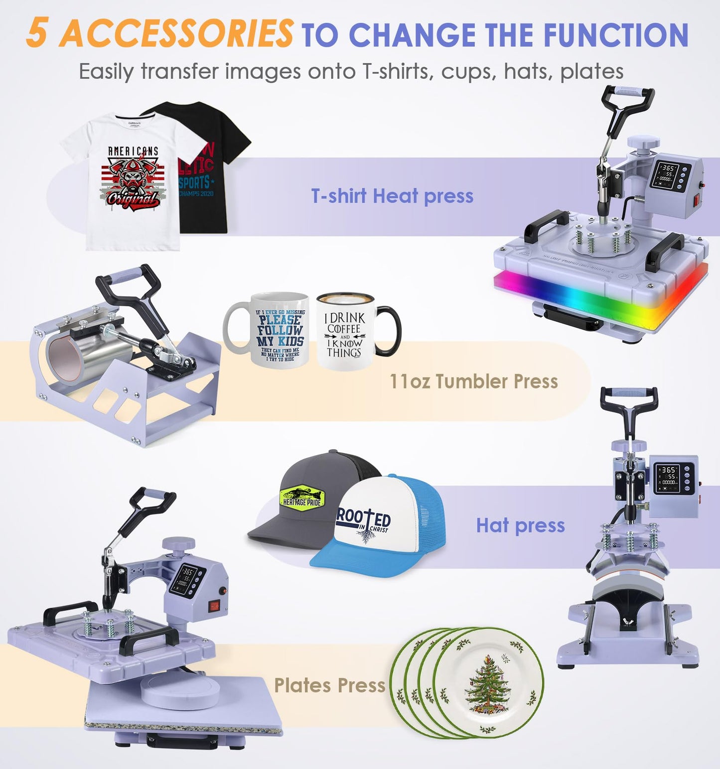 Slendor 5 in 1 Heat Press Machine 12x15 Inch T-Shirt Pressing Machine 360° Swing Away Sublimation Heat Press Digital Heat Transfer with 11OZ Tumbler Press, Multifunction Combo for Hat Cap Mug Plate