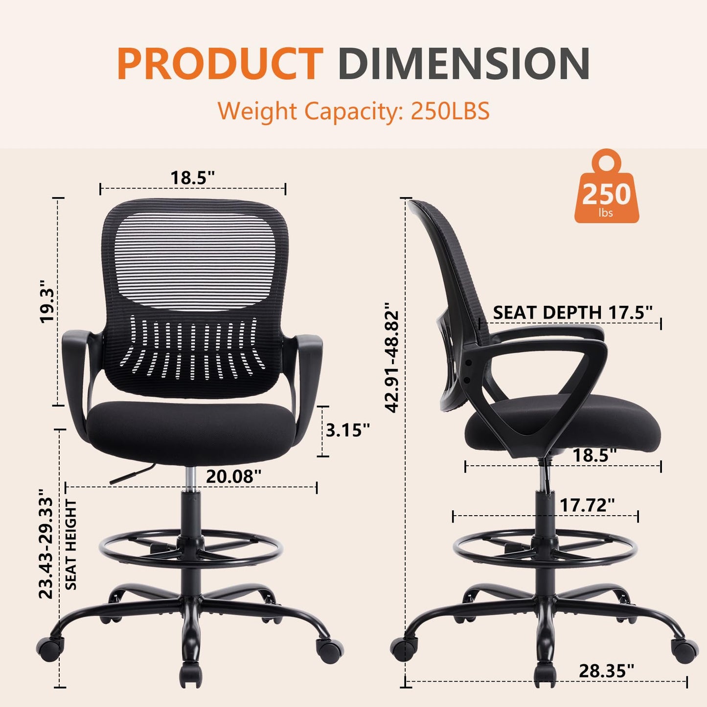 Chaise de bureau à domicile Sweetcrispy - Tabouret haut ergonomique pour ordinateur avec hauteur réglable et support lombaire confortable, grande chaise roulante pour bureau debout avec accoudoir fixe et repose-pieds, noir 