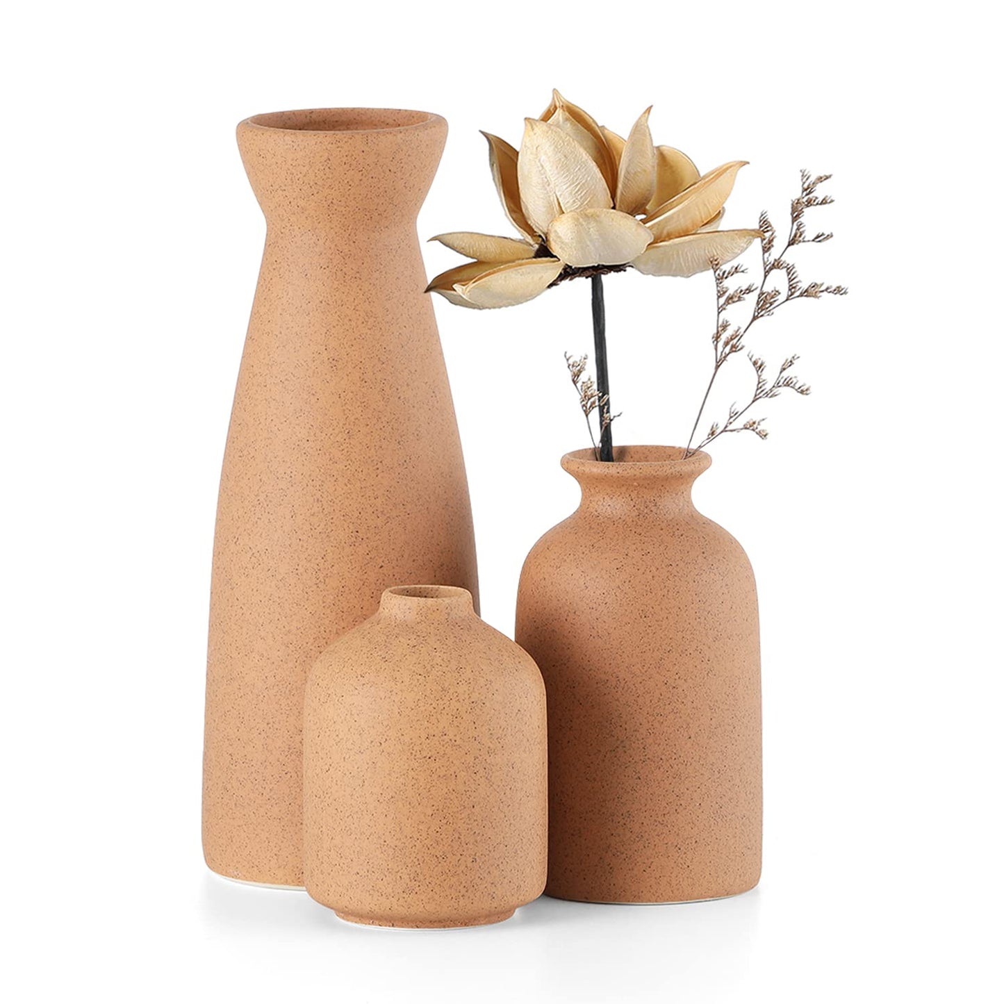 CEMABT Beiges Keramikvasen-Set, 3 kleine Blumenvasen zur Dekoration, moderne Boho-Bauernhaus-Heimdekoration, dekorative Vase für Pampasgras und Trockenblumen, ideales Regal, Tisch, Bücherregal, Eingangsbereich – Used-Look 