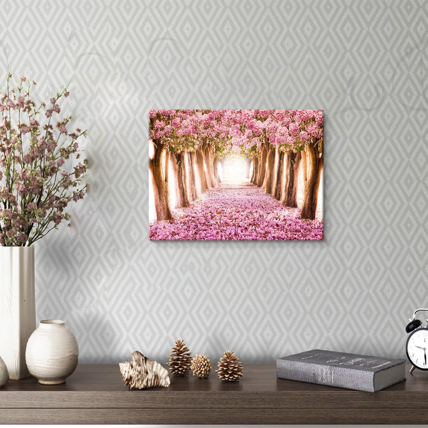 UTOP-art Tableau mural avec fleurs roses : paysage forestier, arbre, chemin, peinture sur toile enveloppée pour salon (36'' x 24'' x 1 panneau) 