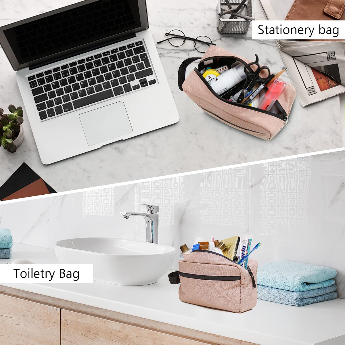 Trousse de toilette de voyage FUNSEED pour femmes et hommes, trousse de rasage résistante à l'eau pour accessoires de toilette, sacs de rangement pliables avec séparateur et poignée pour cosmétiques, produits de toilette, brosses, outils (rose)